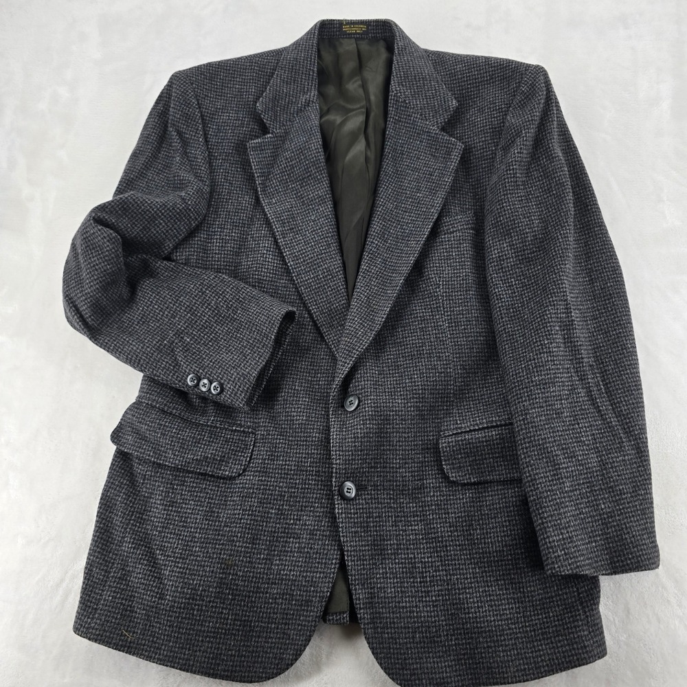 Robert Stock Sport Coat Blazer Grey Black Micro Houndstooth Wool Blend 42R 43R